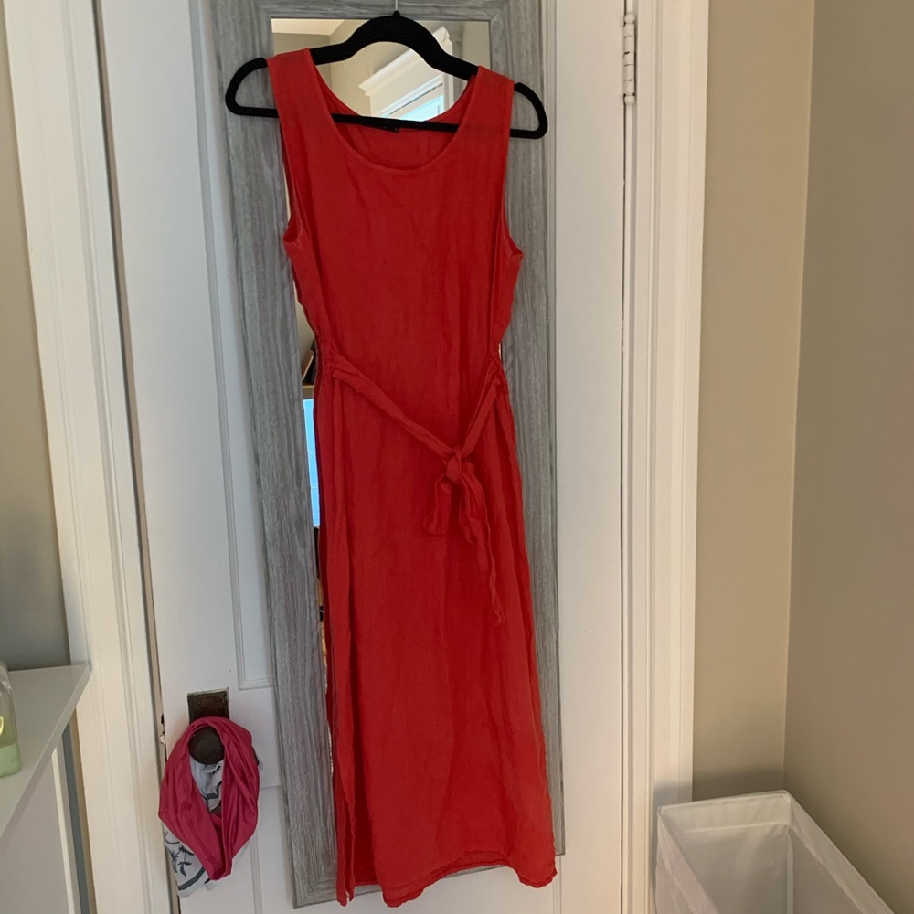 Red linen midi dress